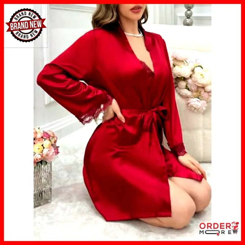 Satin Lace Cami Nightgown with Robe 2-Piece Sleepwear Set Spaghetti Strap